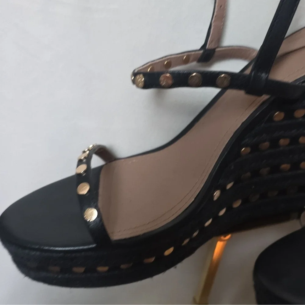 BCBGMAXAZRIA Paige Women's Black Calf Leather Studded Wedge 10M